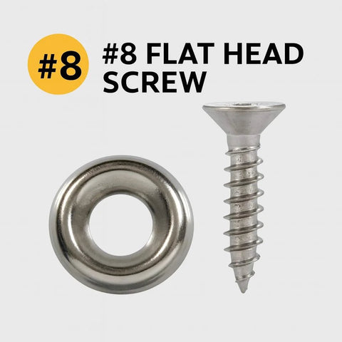 Two-piece stainless steel #8 countersunk washer and flat-head screw; shiny metal finish