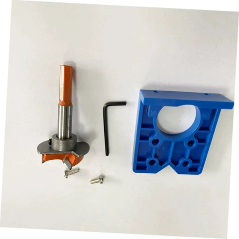 Hinge Boring Drill Bit Set for fast and easy cup hole drilling in woodworking includes locking plate and positioning drill.