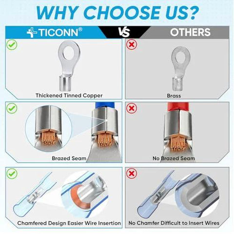 TICONN heat shrink wire connector kit vs others: thickened tinned copper, brazed seam, chamfered design