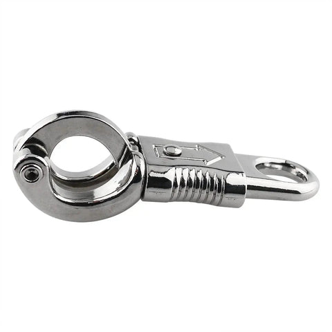 Side view of Zinc Alloy Quick Release Panic Snap Buckle For Paracord, nickel-plated metal with attachment loop.