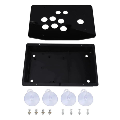 Arcade Cabinet Kit With Black Acrylic Panel And Case DIY Set showing panel, box, screws, and silicone feet for arcade build