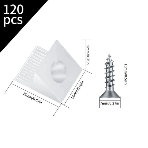 120 Pcs Drawer Wedges With Stainless Steel Screws Kit showing plastic wedge and screw dimensions
