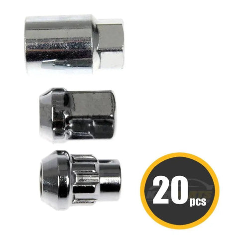 Set of 20 wheel locks for Dodge Omni 1990, carbon steel with chrome finish, 25mm depth, 19mm hex, 32.46mm length