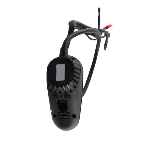 Electric wheelchair power controller, black handheld unit with rectangular display window and wired connectors.