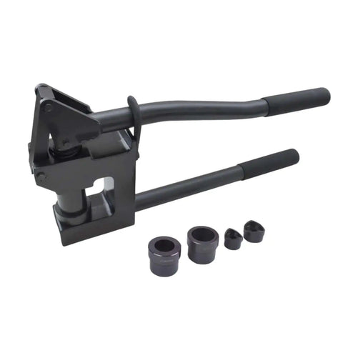 Workhorse Manual Metal Stud Punch Tool Kit with dies for 20 gauge sheet metal, includes aluminum head and three die sizes.