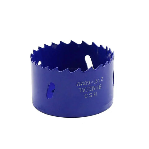 DIY Ready Hole Saw Kit 2-3/8 Inch 60mm Bi-Metal HSS Cutter displayed in blue with visible teeth and size marking.