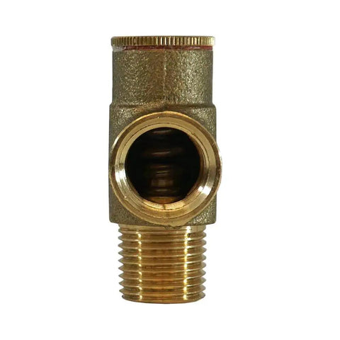 Front view of Lead Free Brass Pressure Relief Valve Half Inch MNPT And Half Inch FNPT, 100 PSI Adjustable Safety Valve, IAMPO Certified
