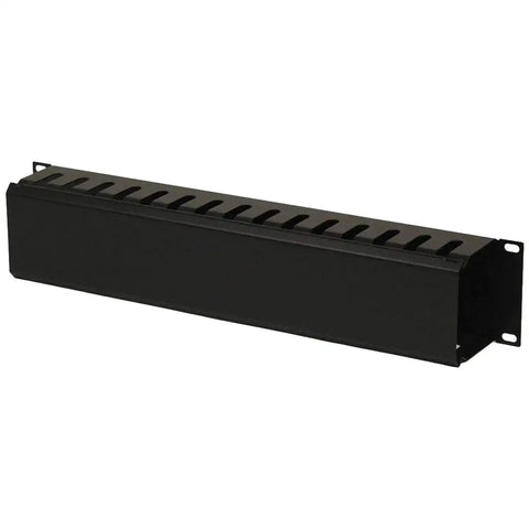 Front view of 2U Metal Rack Mount Horizontal Cable Manager for 19 inch server racks, tough steel duct raceway with included panel and screws.