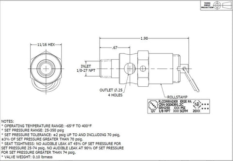 Brass 1/8-in NPT industrial hard-seat safety pressure relief valve, USA-made, blueprint front and side views.