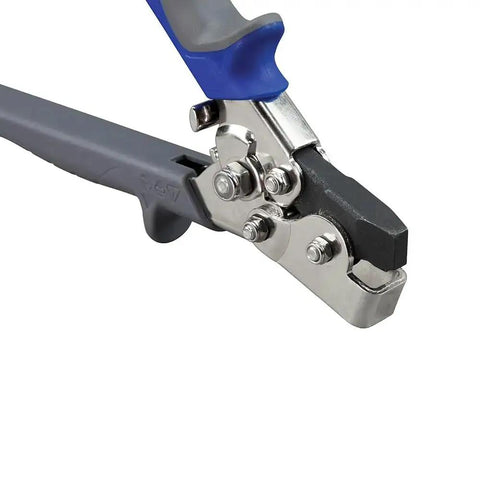 Close-up of Punch Set Snap Lock Handy Tool for sheet metal, vinyl, and aluminum siding with contoured grips and lever mechanism.