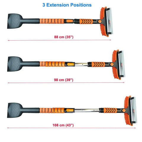All In One 4 In 1 Car Snow Brush And Ice Scraper With 45 Inch Extendable Reach showing three extension positions at 35in, 39in, and 43in.