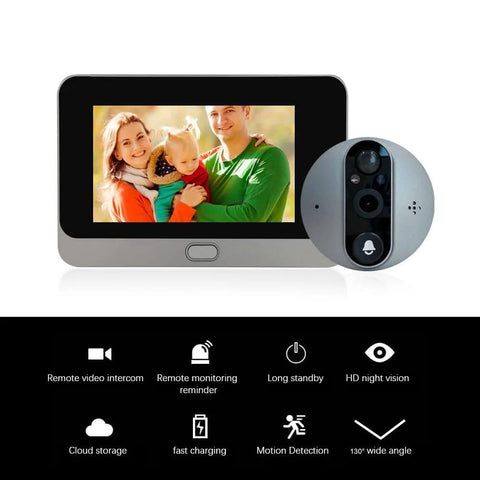 Smart Peephole Doorbell Camera With WiFi, 960P Video, Night Vision, Motion Alerts, 4.3 Inch LCD Monitor displaying family