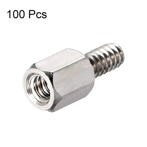 4-40 Brass Hex Standoff Spacers Screws F/M, 6mm Thread, 6mm Hex Length, Nickel Plated, PCB Pillars, 100 Pack in close-up view