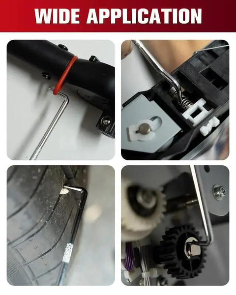 Pro Grade Hook and Pick Set For Automotive Repair With Four Angled Tips in use on various vehicle components