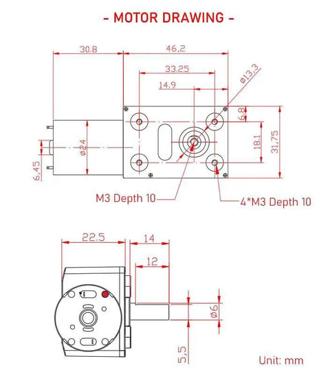 Technical diagram of JGY-370 12V 10rpm DC Worm Gear Motor with dimensions and D-shaped shaft for DIY projects.