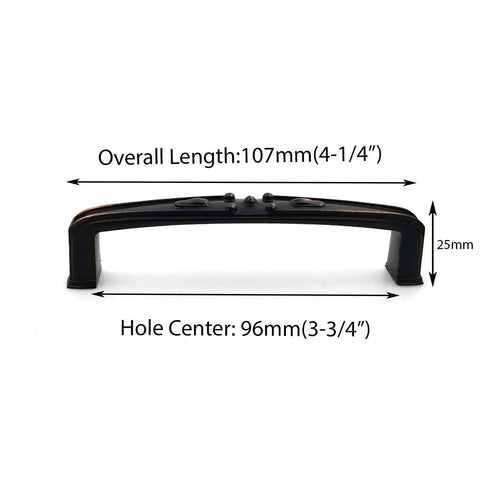 Solid Zinc Alloy Cabinet Pull Handle With Traditional Classic Design In Oil Rubbed Bronze, side view showing dimensions.