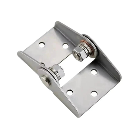Front view of a 304 stainless steel torque-damping hinge for cabinet doors with mounting plate and bolts