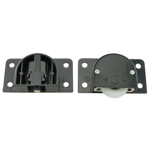 Wardrobe Sliding Door Roller Wheel Set for Closet Cabinets with ABS Nylon Wheels, black, front and side view, 58x31mm size, 46x18mm spacing.