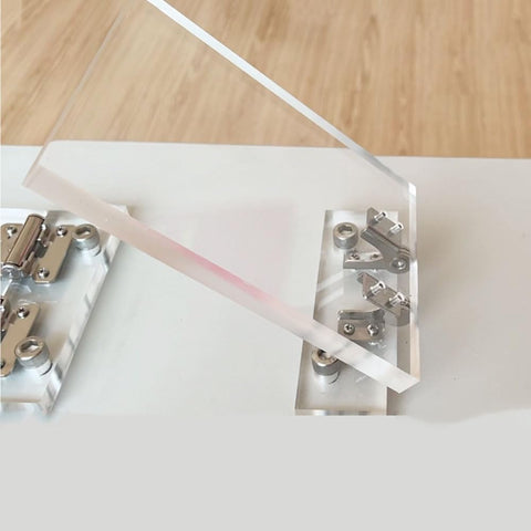 Torque Shaft Hinge With Adjustable Damping 2.0 N.M Small Metal Damper for folding tables, showing hinge installation on clear panel.