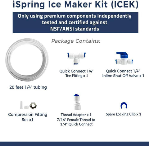 iSpring ICEK ice maker kit: 20 ft 1/4" tubing with quick-connect tee, inline shut-off valve, compression fittings, thread adapter, spare clip