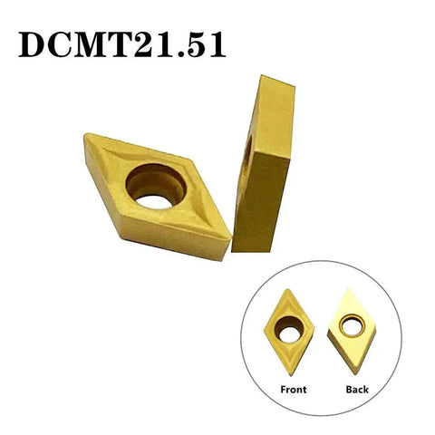 Carbide Turning Inserts Set For Lathe Multi Layer Coated CCMT DCMT 21.51 060204 21.51 070204, front and back view.
