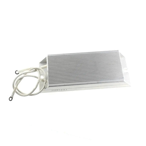 Side view of aluminum-cased high-power resistor with ribbed heatsink and white lead wires.