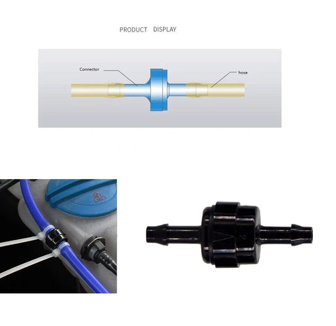 BBTUS PA66 automotive spring check valve diagram with blue body and hose fittings
BBTUS PA66 spring check valve installed on blue hose
Black BBTUS PA66 spring check valve close-up with barbed fittings