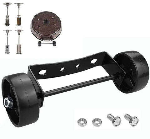 Side view of Amazon universal patio heater wheel kit, black steel dual wheels with mounting bracket and hardware.