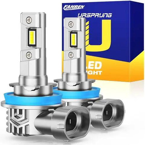 Ultra Bright H11 H9 H8 LED Headlight Bulbs Pack Of 2, 1x1 mini size with a cooling fan, set against packaging.