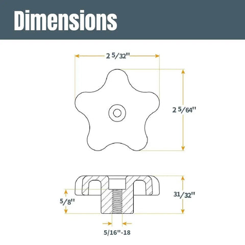 Diagram showing the dimensions of the Go-To T Track Knob Kit With Threaded Knobs And 5/16-18 T Track Bolts, 16 Piece Set for woodworking jigs.
