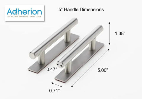 5 Inch Brushed Nickel Adhesive Cabinet Handles Set Of 4 with dimensions; metal stick-on drawer pulls with 3M adhesive, modern design
