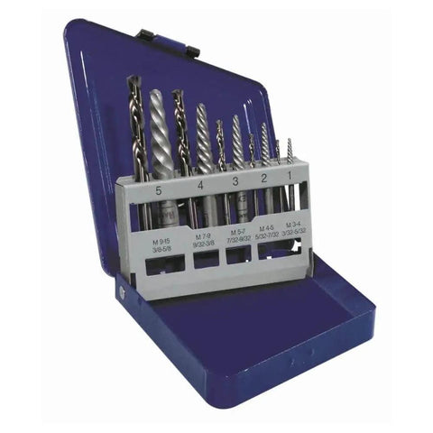 10 Piece Screw Extractor And Drill Bit Set With Left Hand Spiral Design For Maximum Grip Removes Broken Studs Bolts And Socket Screws Easy Out Style Flutes Increase Grab As Resistance Rises Sizes Etched On Each Tool Model 11119 in a blue case
