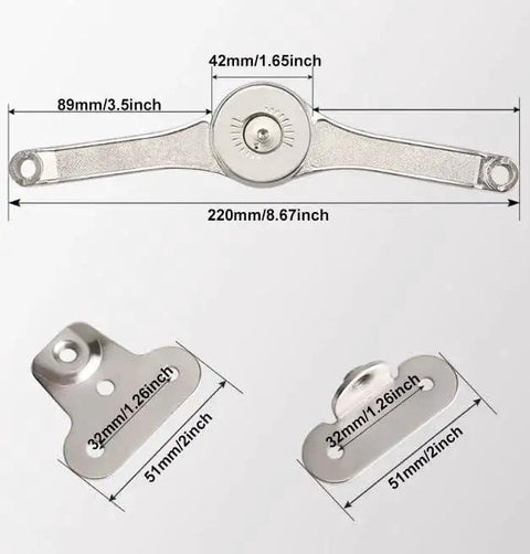 Heavy Duty Lid Stay Hinges For Cabinets And Toy Boxes Adjustable Folding Lid Support Hinges With 75 90 110 Degree Opening Holds Up To 25lb Per Pair Includes Allen Wrench For Easy Weight Tuning Great For Cabinets Closets Wardrobes, displaying measurements in inches with metal design.