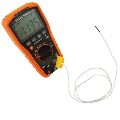Klein Tools digital multimeter in orange case with braided thermocouple probe and metal tip