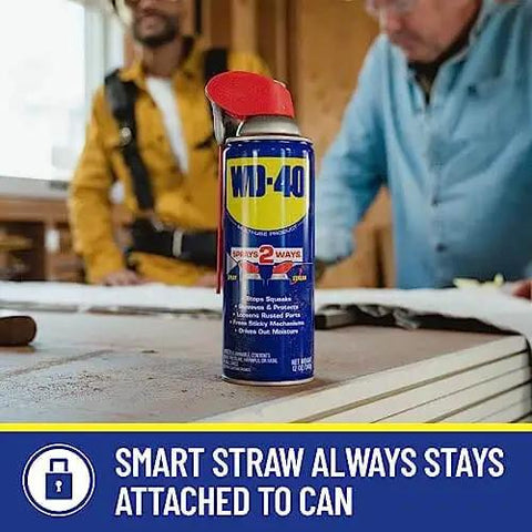 WD-40 can with smart straw in workshop setting, All Purpose Lubricant That Drives Out Moisture and Fights Rust