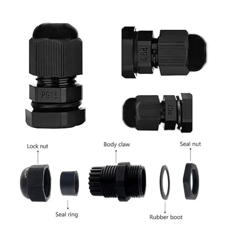 Components of Waterproof Nylon Cable Gland Kit 3 To 13 mm Adjustable Threaded Connectors IP68 PG7 PG9 PG11 PG13.5 PG16