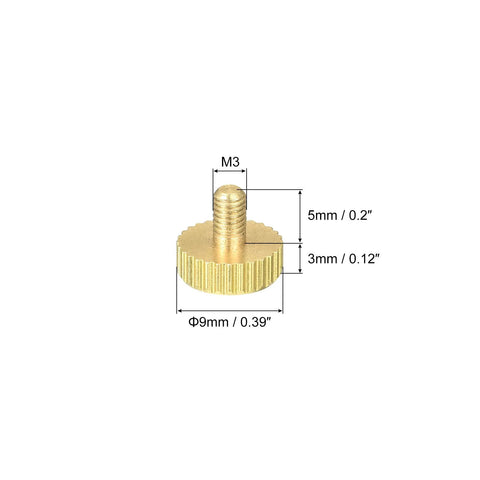 Knurled Thumb Screws M3x5mm Flat Head Brass Fasteners For PC Electronics And Mechanical Projects with measurements shown