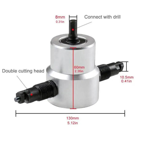Heavy Duty Pro Grade Double Headed Sheet Metal Nibbler Cutter With 360 Degree Adjustable Heads, double cutting heads, metal dimensions shown.