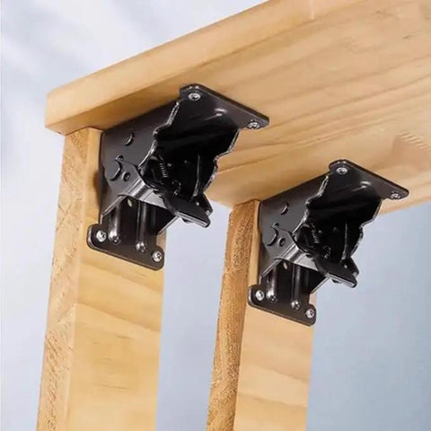 90 Degrees Self Locking Folding Hinge Anti Corrosion Invisible Connector for folding tables and furniture, silver metal, installed on wood