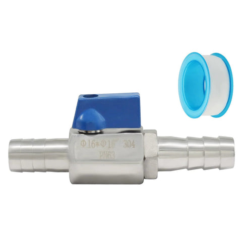 1-pack mini shut-off ball valve, 5/8 inch, 304 stainless steel, double barbed ends, blue lever, for gas or irrigation