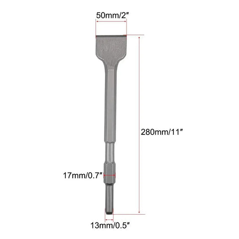Powerful 50mm Masonry Scraping Chisel With Hex Shank For Electric Jack Hammer Chrome Steel Heat Treated Blade Durable For Removing Scale Edging And Chips 11 Inch Length 280mm. Image shows a chisel with measurements labeled.