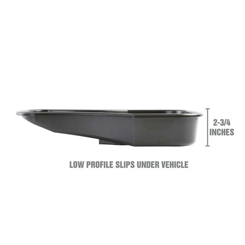 Side view of Low Profile Oil Drain Pan With Gooseneck Design 2.8 Quart showing 2-3/4 inch height, ideal for slipping under vehicles.