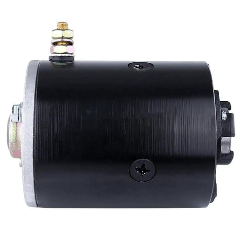 12V Hydraulic Pump Motor For RV Levelers Replacement 11-212-440 CCW Shaft, side view showing black cylindrical body and connectors