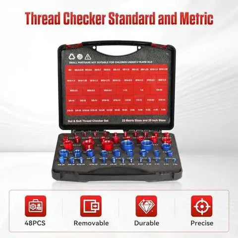 Detachable Thread Checker Set For Nuts And Bolts With 48 Pieces, open black case showing imperial 25 inch and metric 23 gauges