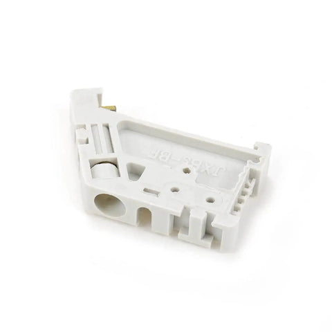 50 Pack EW 35mm DIN Rail Terminal Block End Stopper Mounting Clips, white plastic construction, side view, for electrical panel wiring.