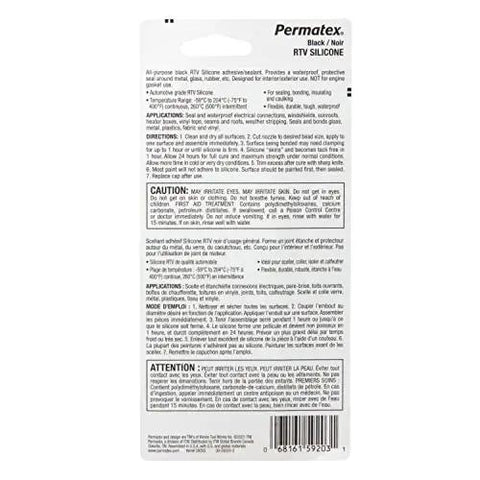 Back packaging of Heavy Duty Black RTV Silicone Adhesive Sealant For Indoor And Outdoor Use Waterproof Bonding And Caulking For Metal Glass Rubber Vinyl Plastic Automotive Grade -59 C To 204 C 80 mL Permatex.