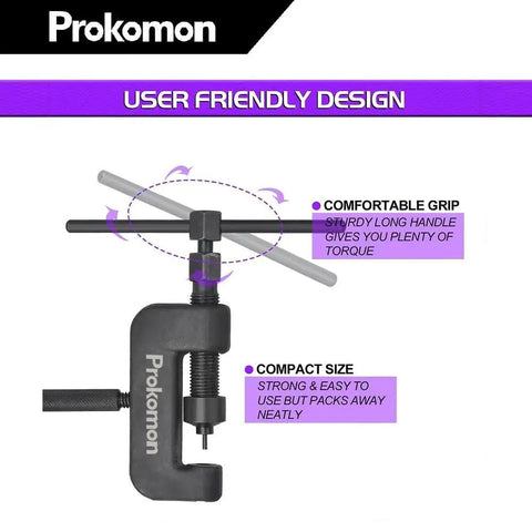 All In One Chain Breaker Tool Kit For Motorcycles And ATVs That Makes Chain Link Removal A Breeze And Riveting Quick And Easy Includes Prokomon 13 Piece Set For Cam Chains From 25 To 630 Built For Bikes Dirt Bikes And More showing user-friendly design with comfortable grip handle.