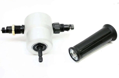 Double Head Sheet Metal Nibbler Drill Attachment with handle, ideal for straight and curve cutting on steel, aluminum, and plastic.