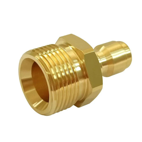 M22 14mm Male to Quarter Inch Quick Disconnect Pressure Washer Coupler Fitting made of brass, shown from a side angle.