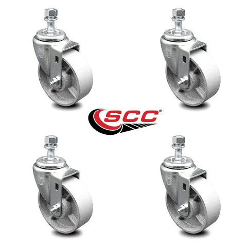 Heavy Duty Swivel Caster Set Of Four With Four Inch Silver Wheels And Half Inch Threaded Stems For Industrial Carts And Work Benches Semi Steel Cast Iron Construction Built Tough 1200 Lb Total Capacity Includes Four Swivel Casters Service Caster Brand
